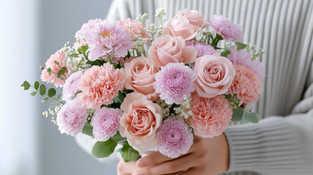 Soft, romantic bouquet held gently, a beautiful expression of affection, ideal for wedding themes, mother day cards, or adding sweetness to any design.の写真素材