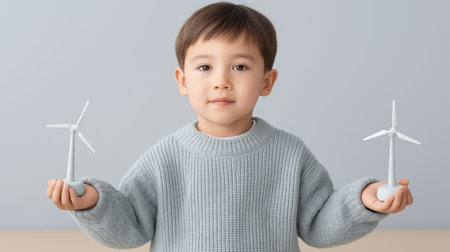 Renewable energy dreams, a young boy holds miniature wind turbines, embodying hope for a sustainable future, perfect for eco-conscious campaigns and educational materials.の写真素材
