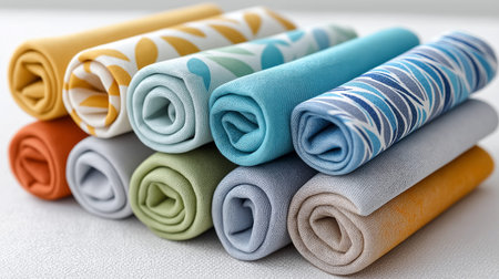 Colorful rolled fabrics evoke creativity, design inspiration, and a sense of handcrafted artistry,...