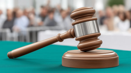 Gavel rests solemnly on a teal cloth, a blurred courtroom scene hinting at justice delivered, weighty decisions, and the pursuit of truth.の写真素材