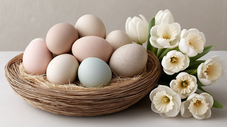 Rustic beauty, a woven basket overflows with speckled Easter eggs, hinting at spring's gentle promise, complemented by delicate white tulips, evoking warmth and natural simplicity.の写真素材