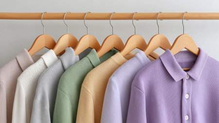 Clothes Hang Neatly In A Minimal Wardrobe Colorful Knitwear Displays Modern Fashion Collectionの素材
