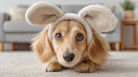 Charming dachshund, sweetly gazing, playfully wears bunny ears, evoking joy and springtime whimsy, perfect for Easter or pet-themed content.の写真素材