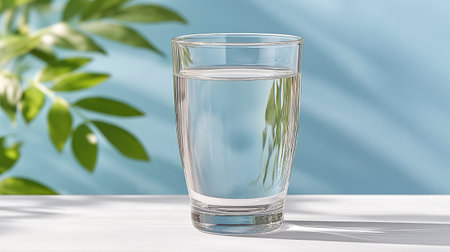 Refreshing clarity, a simple glass of water bathed in sunlight serenity, evokes health, wellbeing, and peaceful hydration, perfect for wellness campaigns.の写真素材