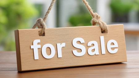 Hanging wooden sign displaying for Sale, evoking feelings of new beginnings, opportunity, and the warmth of a welcoming home, perfect for real estate, retailの写真素材