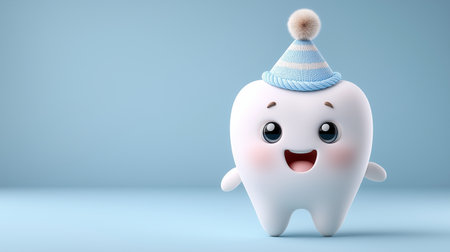 Radiant ai emanates from this adorable cartoon tooth, wearing a cozy winter hat, perfect for dental health campaigns, children's illustrations, or festive branding.の写真素材