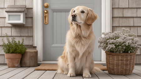 Loyal companionship awaits, a golden retriever patiently sits on a welcoming porch, embodying warmth and devotion, perfect for themes of home, pets, and family.の写真素材