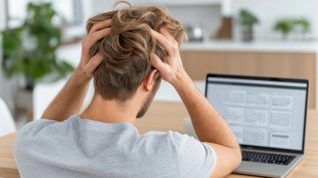 Frustration mounts, a young man overwhelmed by work or difficult news, hands tangled in his hair, a modern home office setting suggesting remote work challenges.の写真素材