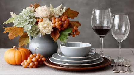 Autumnal elegance, a cozy tablescape evokes warmth and gratitude, perfect for Thanksgiving or harvest celebrations, hinting at shared meals and heartfelt connections.の写真素材