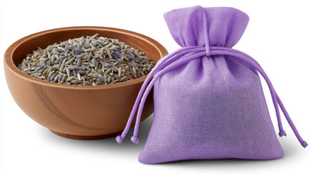 Lavender serenity, a wooden bowl brimming with fragrant buds beside a delicate purple sachet, evokes calm and peacefulness, perfect for wellness, aromatherapy, or spa branding.の写真素材