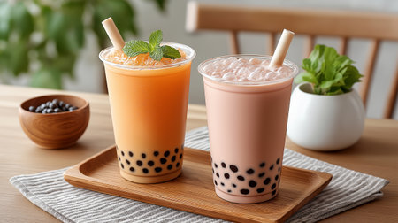 Creamy, colorful boba drinks sit invitingly on wood, hinting at delightful flavors, ideal for advertising beverages, Asian cuisine, or promoting a sense of modern, casual indulgence.の写真素材