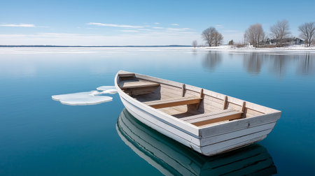 Serenity washes over this tranquil scene, a lone rowboat drift on icy blue waters, evoking peaceful solitude and winters quiet beauty.の写真素材
