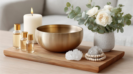 Serene stillness radiates from this spa scene, a haven of calm with a singing bowl, essential oils, and delicate blooms, perfect for meditation or wellness content.の写真素材