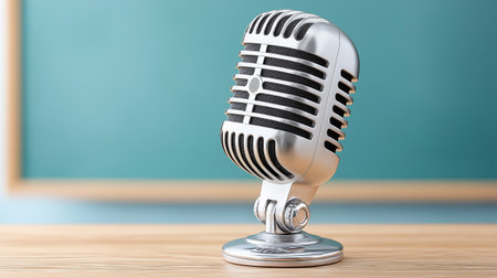 Silently awaiting a voice, this chrome microphone stands poised against a teal backdrop, inspiring creativity and inviting storytelling, ideal for broadcast, interviews, or artistic concepts.の写真素材