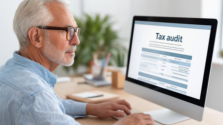Concerned senior man meticulously reviews a tax audit on his computer, a quiet moment of financial...