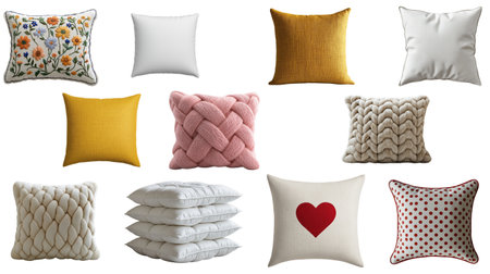 Soft textures and warm hues define these decorative pillows, evoking feelings of relaxation and home, ideal for interior design mockups, branding, or lifestyle imagery.の写真素材