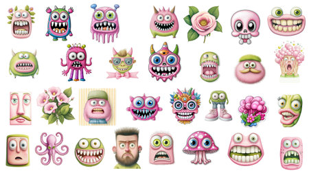 Whimsical monsters, stickers, delightfully creepy and cute, fill this vibrant collection, perfect for children's books, playful designs, or quirky Halloween themes.の写真素材