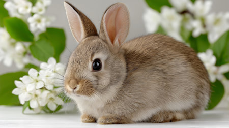 Gentle curiosity radiates from this adorable bunny, nestled amongst fragrant white lilac bloom, evoking springtime joy and peacefulness.の写真素材