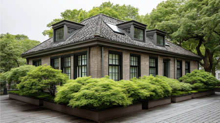 Elegant tranquility, a dark brick manor house nestles amongst lush greenery, evoking a sense of refined solitude and peaceful living, perfect for architectural displays or upscale real estate.の写真素材