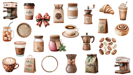 Warm aromas and cozy mornings fill this delightful watercolor collection, perfect for cafe branding, invitations, or adding a touch of comfort to any design.の写真素材