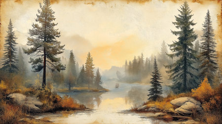 Misty mornings and towering pines create a captivating wilderness view, ideal for adventure themes, fantasy art, or a calming nature backdrop.の写真素材