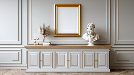 Elegant Interior Design Features Classic Antique Bust Home Decor Showcases Wall Paneling Styleの写真素材