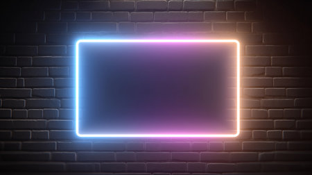 Neon Rectangle Shines Against Dark Brick Wall Vibrant Light Creates Dramatic Empty Frameの写真素材