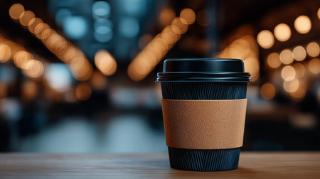 Warm comfort radiates from this takeaway coffee cup, a cozy beacon against a blurred city nightの写真素材