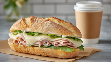 Delicious Sandwich And Coffee Create Perfect Lunchtime Fresh Ham Sandwich With Hot Beverageの写真素材