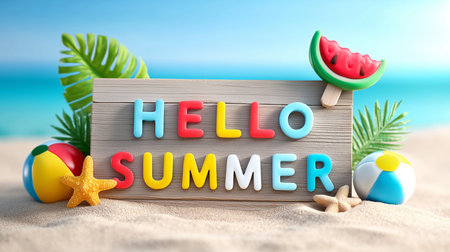 Radiant sunshine and juicy fruit surround a welcoming Hello Summerの写真素材