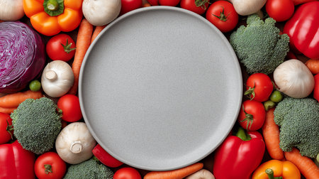Vegetables Surround Empty Plate For Healthy Eating Colorful Produceの写真素材