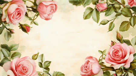 Romantic Roses Bloom Across Vintage Paper Texture Beautiful Pink Roses Frame A Classic Backgroundの写真素材
