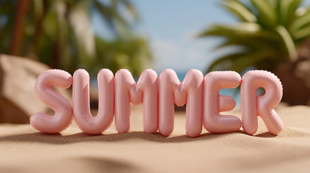 Golden sunlight warms the word summer, spelled out in playful pink balloons