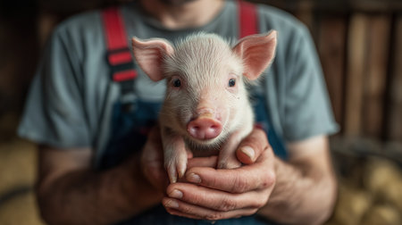 Farmer Holds Precious Piglet With Gentle Care Adorable Young Piglet Receives Loving Attentionの写真素材