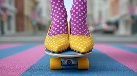 Stylish Feet Roll Down The Vibrant Street Colorful Shoes Enjoy Summer Skateboardingの写真素材