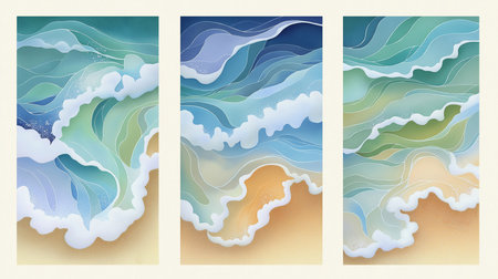 3 paintings, Ocean Waves Crash Upon Golden Sandy Beaches Blue Water Meets Warm Summer Shoreの写真素材