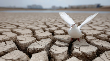 Hope Takes Flight Amidst A Parched Landscape White Dove Stands On Cracked Dry Earthの写真素材