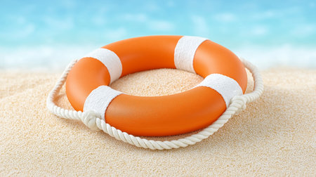 Rescue Ring Lies Upon Golden Beach Sand Safety Preserver On A Sunny Shorelineの写真素材