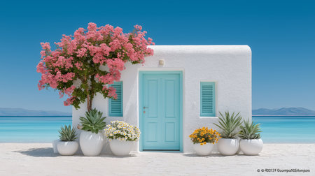 Beach House Stands Near Turquoise Waters Blissful Coastal Cottage Welcomes Summer Sunshineの写真素材