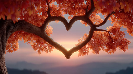 Autumn Leaves Form A Perfect Heart Shaped Tree Romantic Sunset Reveals A Loving Tree Heartの写真素材