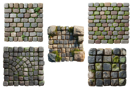 Ancient Stone Paving Creates Rustic Background Texture Cobblestone Surfaces Show Natural Moss Growthの写真素材
