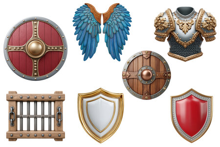 Ancient Armor And Shields Represent Power Protection Medieval Defense Elementsの写真素材