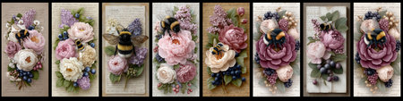 Delicate blooms and buzzing bee adorn vintage paperの写真素材