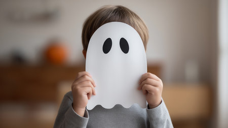 Little Child Plays Holding Ghost Mask For Halloween Kid Conceals Face With Paper Ghost Costumeの写真素材