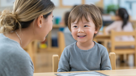 Teacher Listens To Happy Young Student In Classroom Kind Educator Communicates With Boyの素材