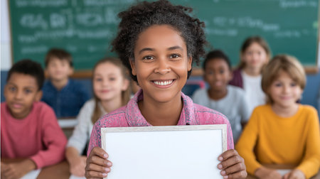 A Teacher Holds A Blank Whiteboard In His Hands At School and a teacher Smiles During Classの素材