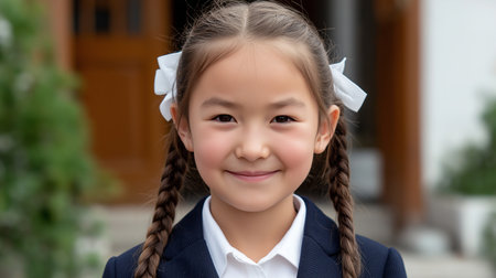 Asian Schoolgirl During First Day Student with pigtails and Bows, Blue Uniform and white Shirtの素材