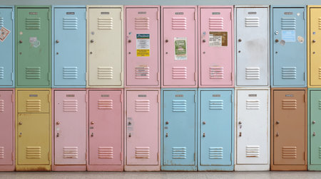 Vintage Lockers Present School Hallway Scene Pastel Colored Lockers Evoke Nostalgic School Memoriesの素材