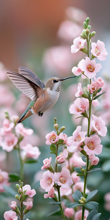 Hummingbird Hovers Near Delicate Pink Flowers Beautiful Bird Discovers Sweet Nectar Bloomsの素材