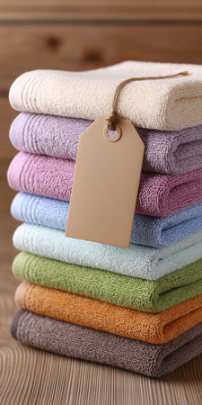 Freshly laundered and neatly folded, these colorful towels with a blank tagの素材
